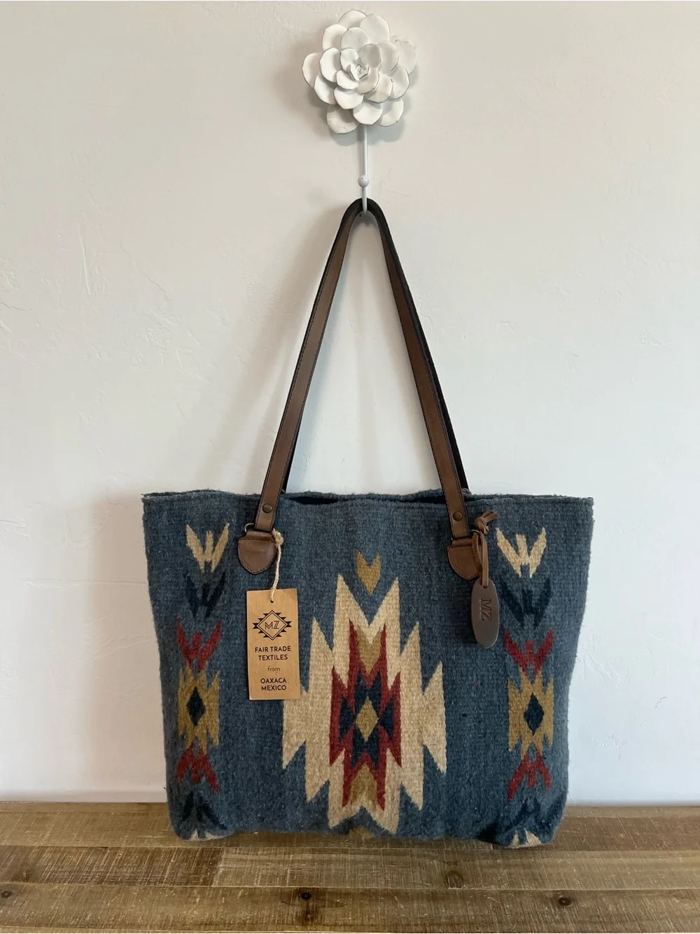 MZ Boho Aztec 100% Wool Tote Bag with Leather Straps - Blue New